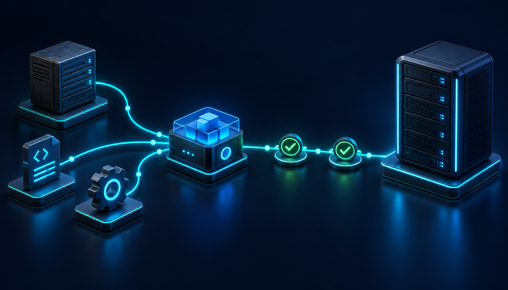 Conceptual side-by-side deployment: existing server, code, and configuration feed a build console that delivers a validated new server.