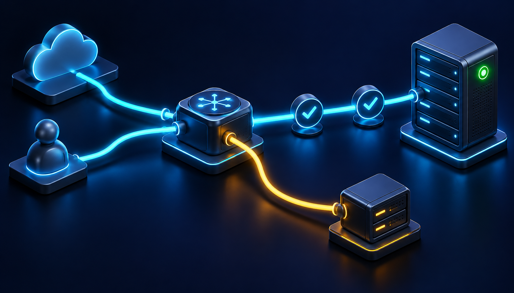 Conceptual cutover routes traffic through validation to a new server while retaining a separate recovery path.